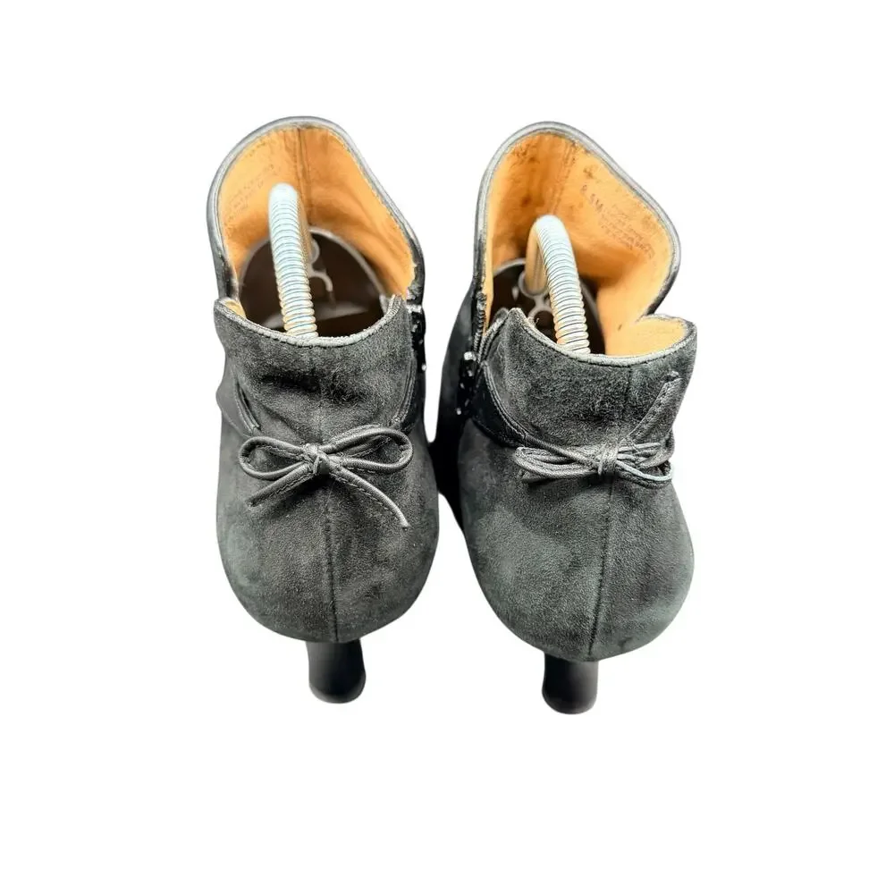 Sofft Black Suede Ankle Booties 8.5 Heeled Boot Zip Leather Trim Bow Detail